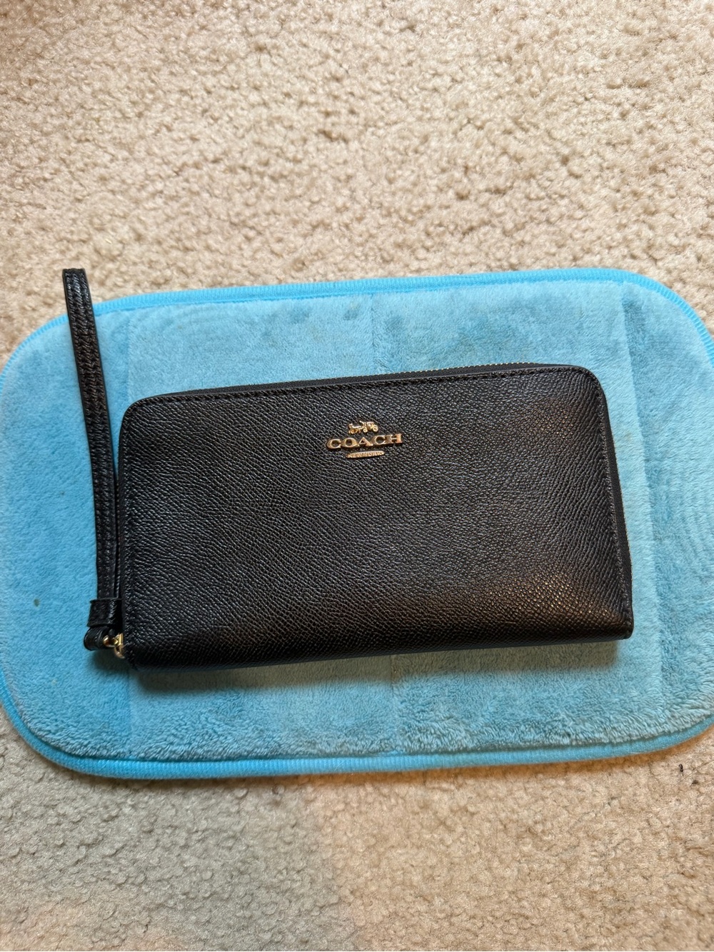 Coach Black Leather Zip-Around Wristlet Wallet with Gold Logo